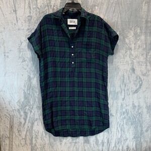 Grayson Women's Dress Shirt Shift 1 (XS) Blue Green Tartan Plaid Short Sleeve